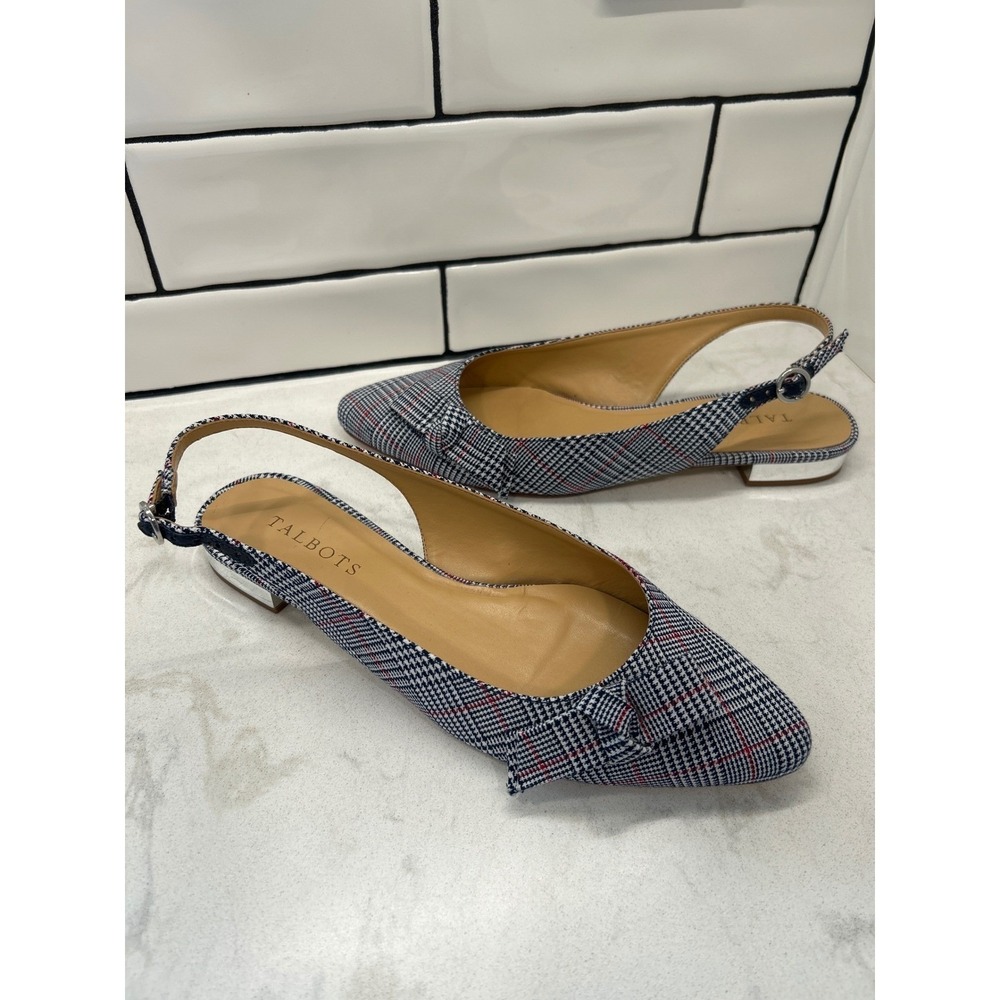Talbots Edison Bow Plaid Slingback Flats Navy Red Pointed Toe Shoes 8M Preppy
